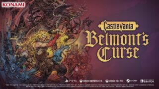 ゴシック城と赤い月、鞭を持つ戦士のシルエットを描いたゲーム発売画像