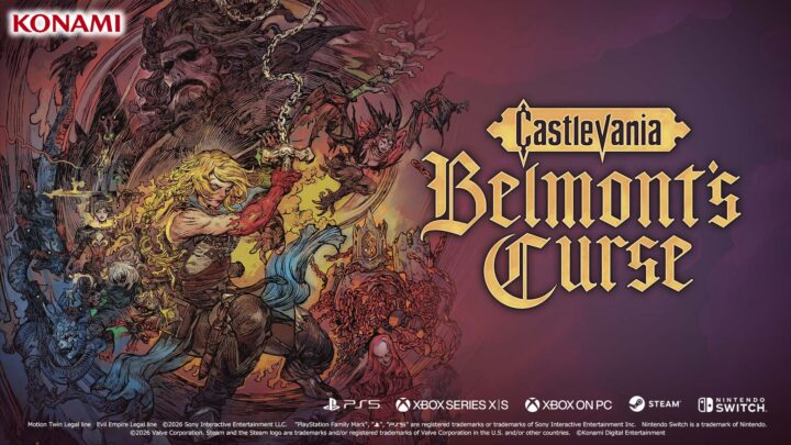 ゴシック城と赤い月、鞭を持つ戦士のシルエットを描いたゲーム発売画像